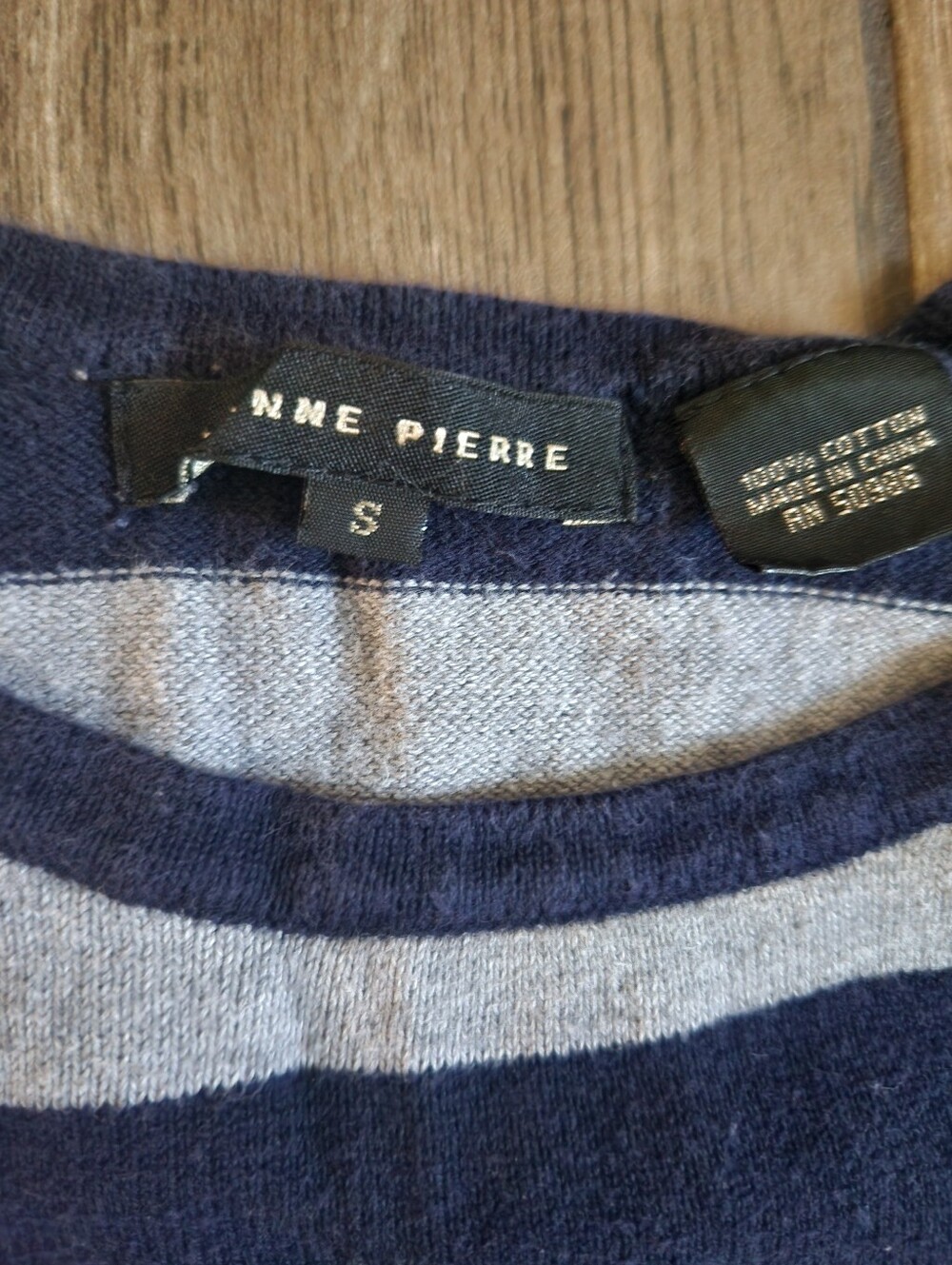 JEANNE PIERRE Navy and Gray Striped Crewneck Sweater
